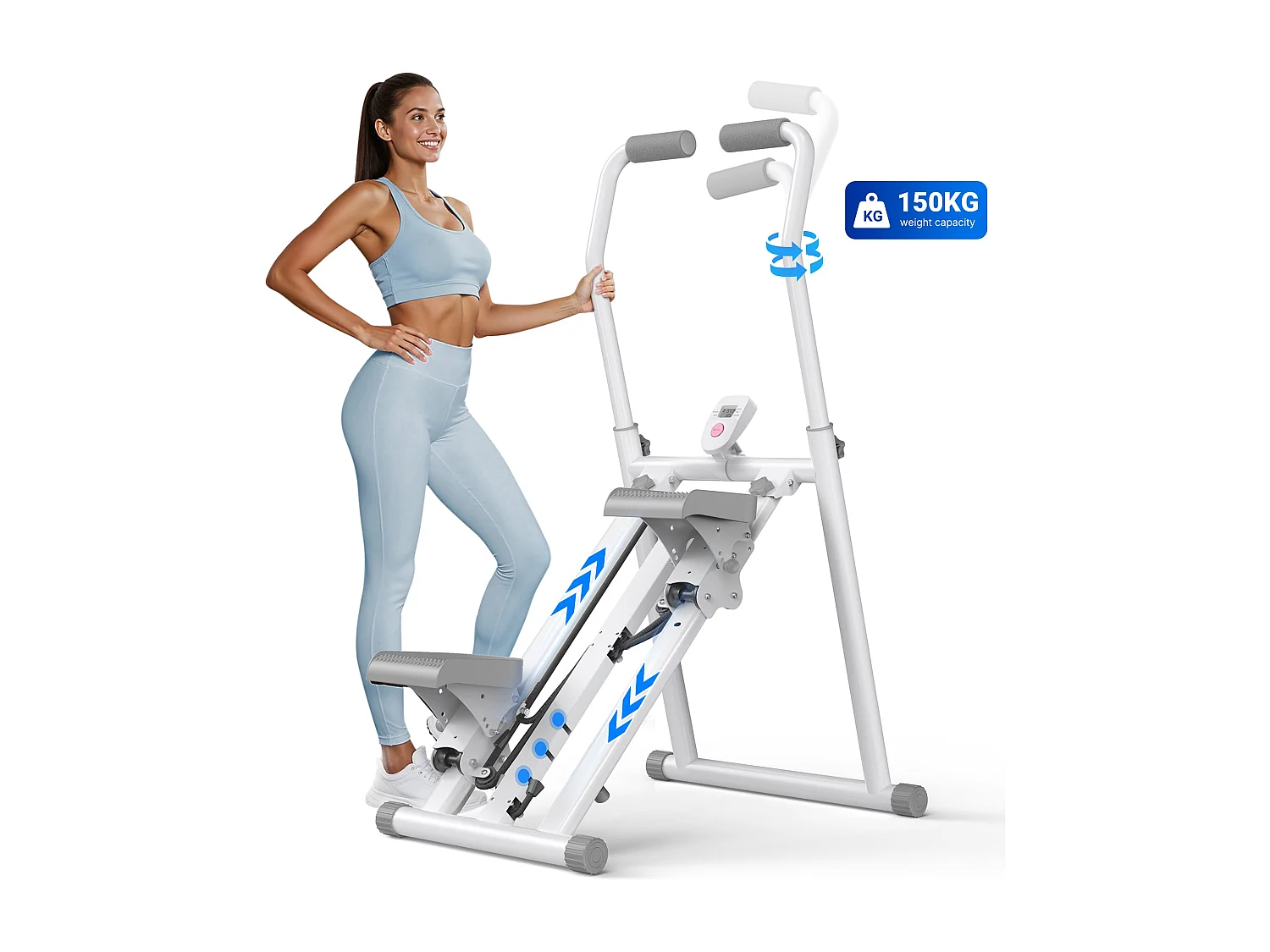 Stepper verticale pieghevole MERACH, 3 livelli di resistenza, manubrio regolabile in altezza e direzione, display LCD, carico max 150 kg, bianco