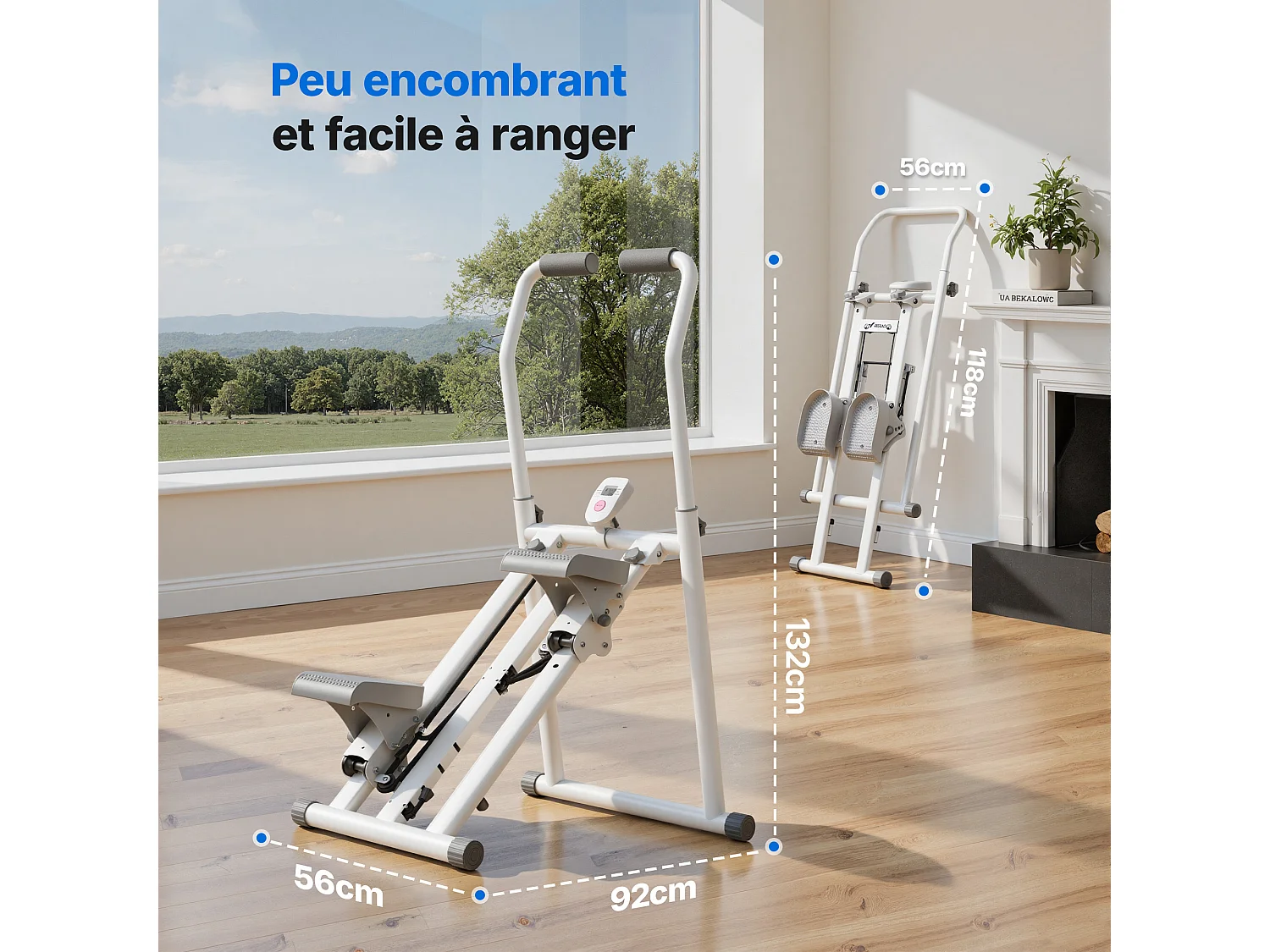 Stepper verticale pieghevole MERACH, 3 livelli di resistenza, manubrio regolabile in altezza e direzione, display LCD, carico max 150 kg, bianco