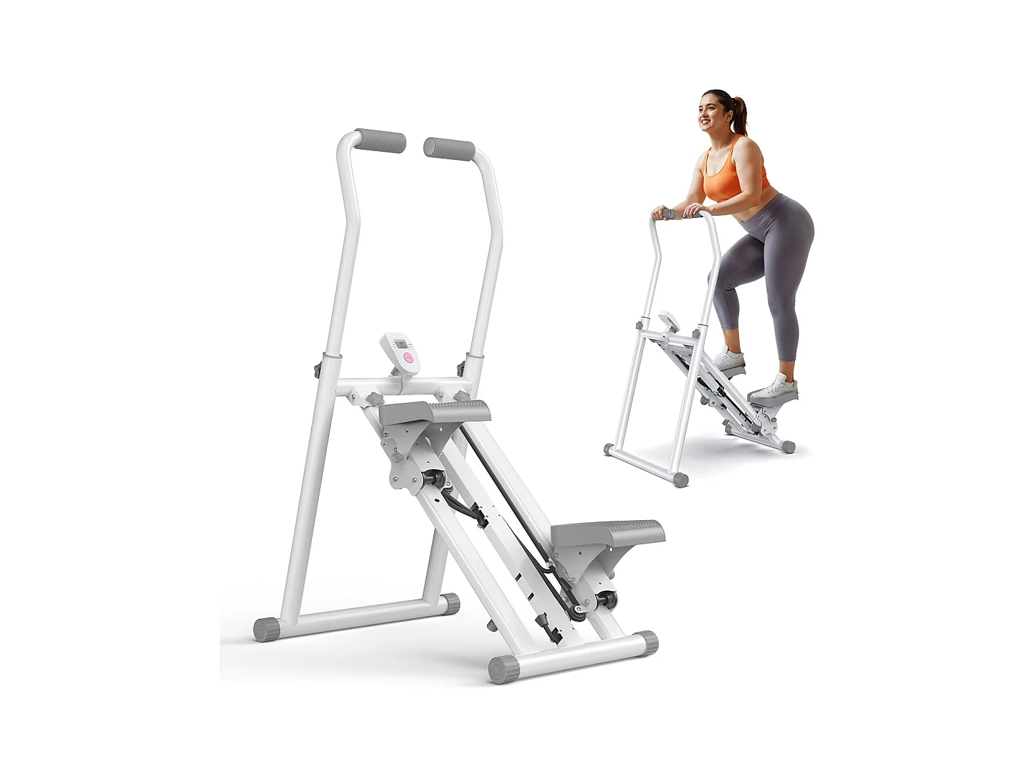 Stepper verticale pieghevole MERACH, 3 livelli di resistenza, manubrio regolabile in altezza e direzione, display LCD, carico max 150 kg, bianco