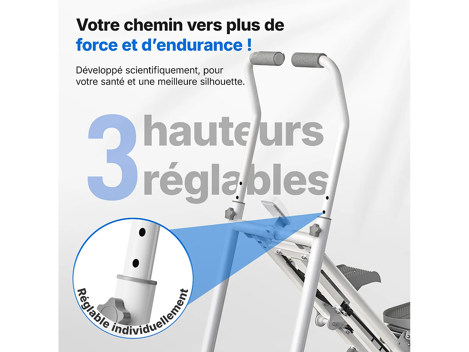 Stepper vertical pliable MERACH, 3 niveaux de résistance, guidon réglable en hauteur et direction, écran LCD, charge 150 kg, blanc