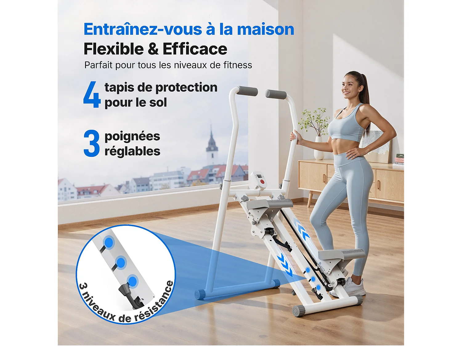 Stepper vertical pliable MERACH, 3 niveaux de résistance, guidon réglable en hauteur et direction, écran LCD, charge 150 kg, blanc
