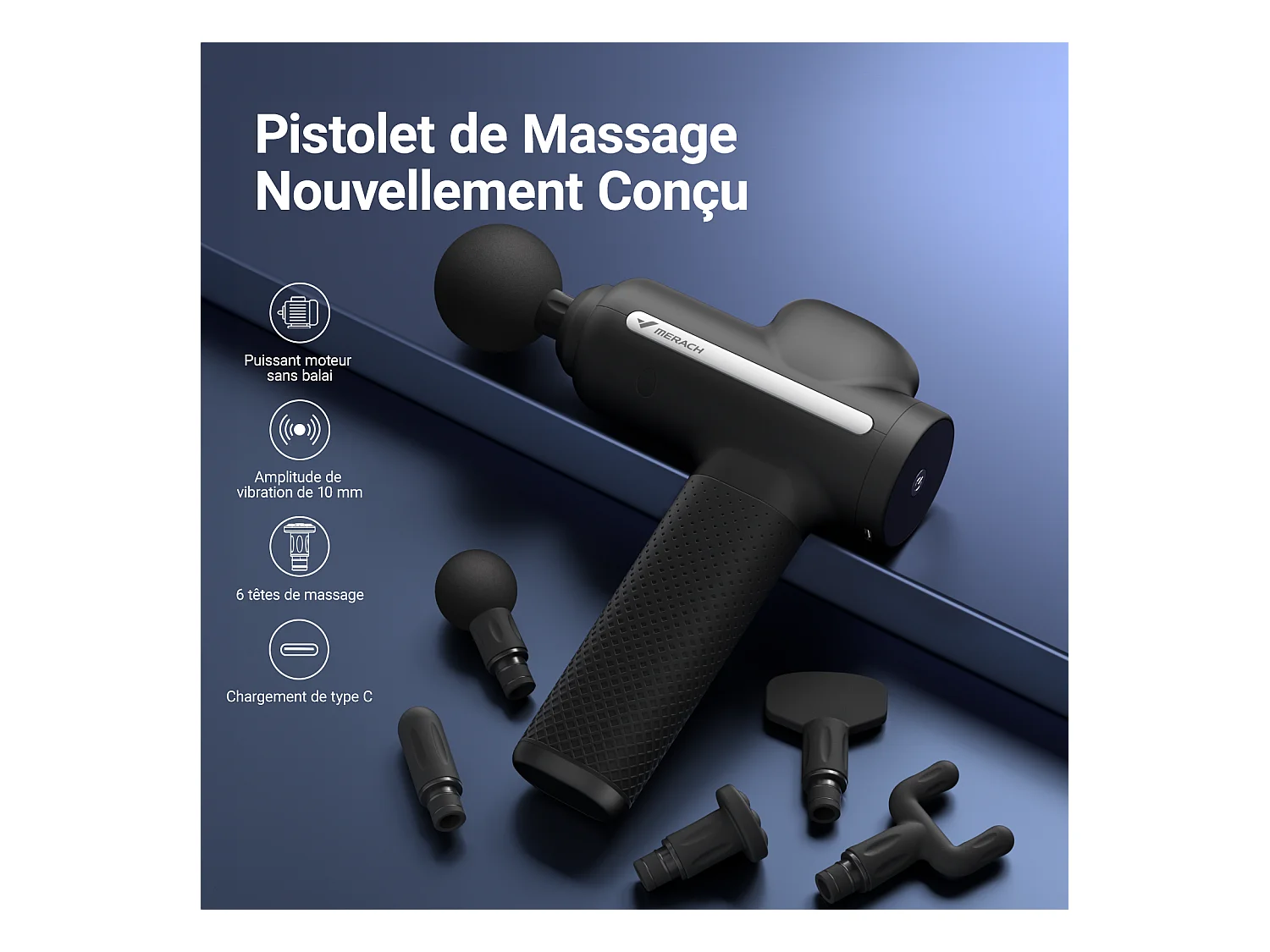Pistolet de Massage Électrique, MERACH, Puissant 40W, 4 Têtes, 3 Vitesses, Soulagement Musculaire & Récupération Sportive