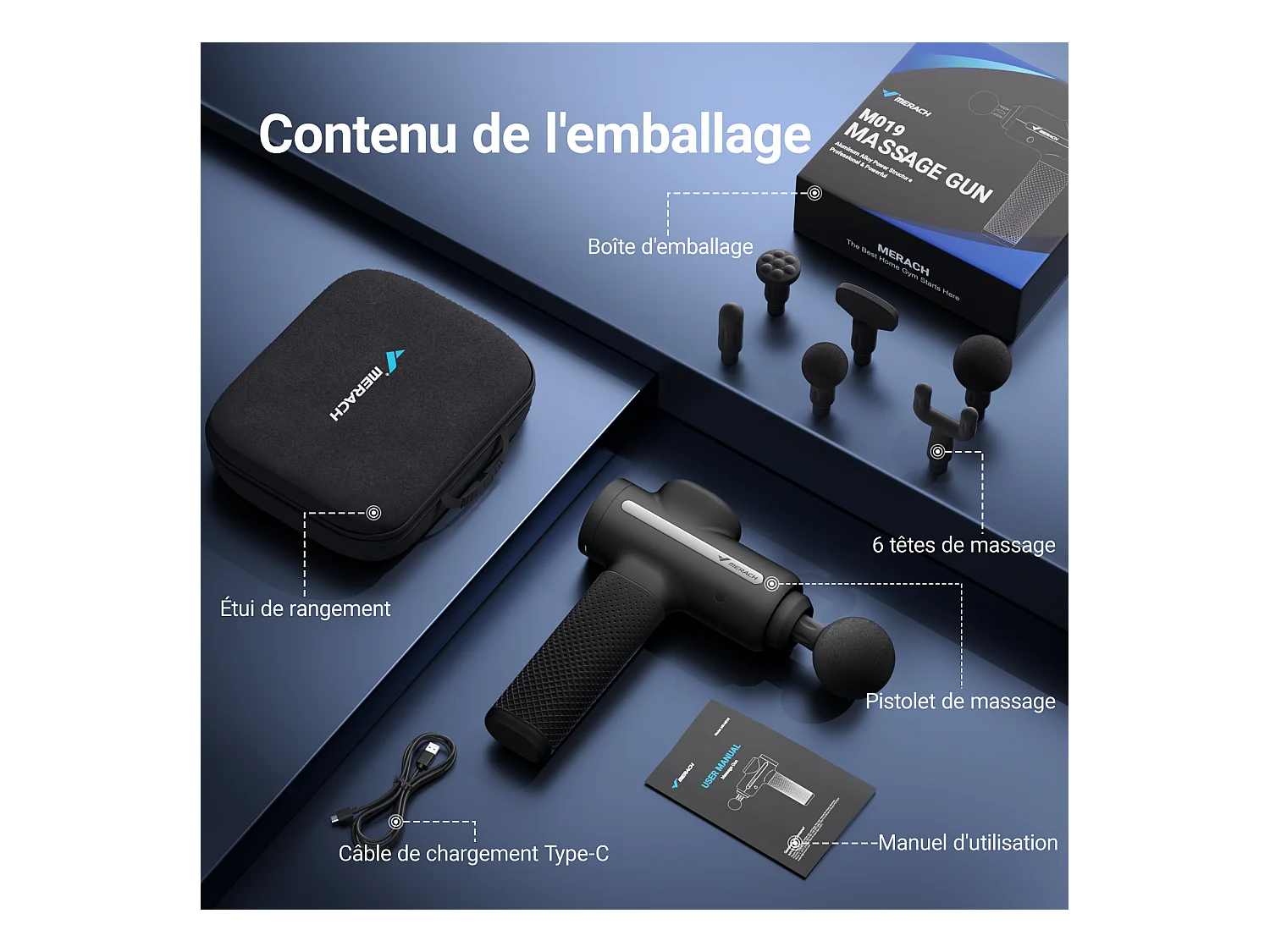 Pistolet de Massage Électrique, MERACH, Puissant 40W, 4 Têtes, 3 Vitesses, Soulagement Musculaire & Récupération Sportive