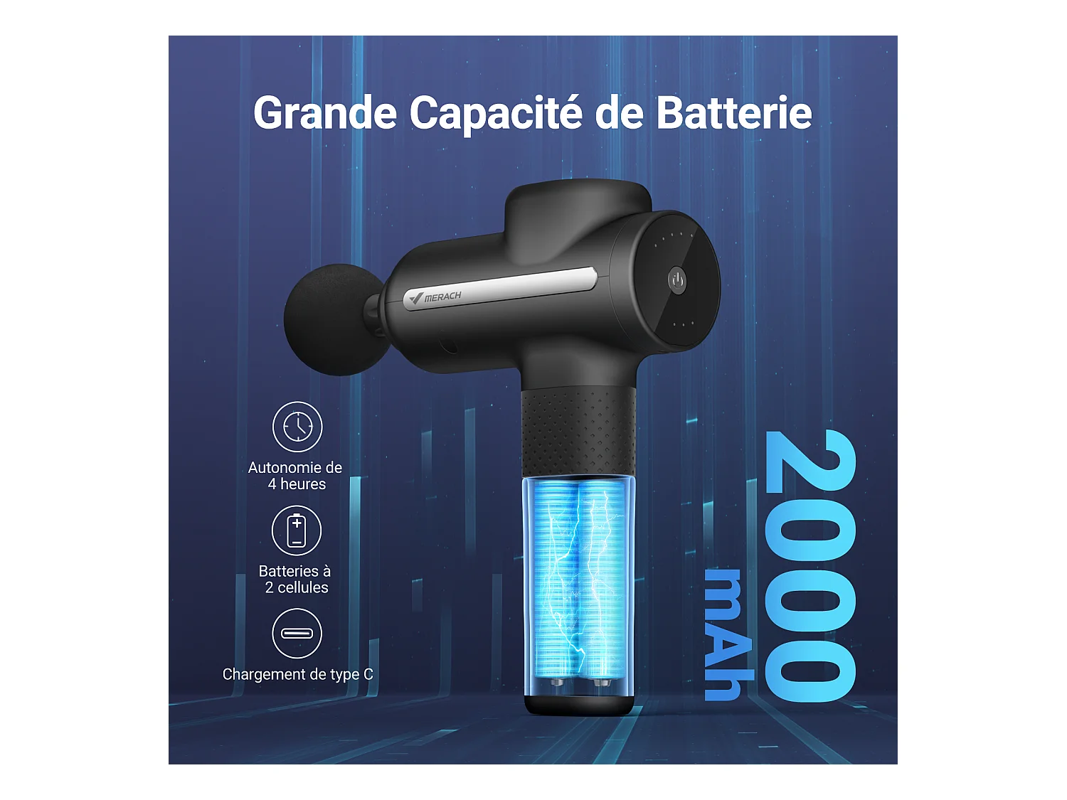 Pistolet de Massage Électrique, MERACH, Puissant 40W, 4 Têtes, 3 Vitesses, Soulagement Musculaire & Récupération Sportive