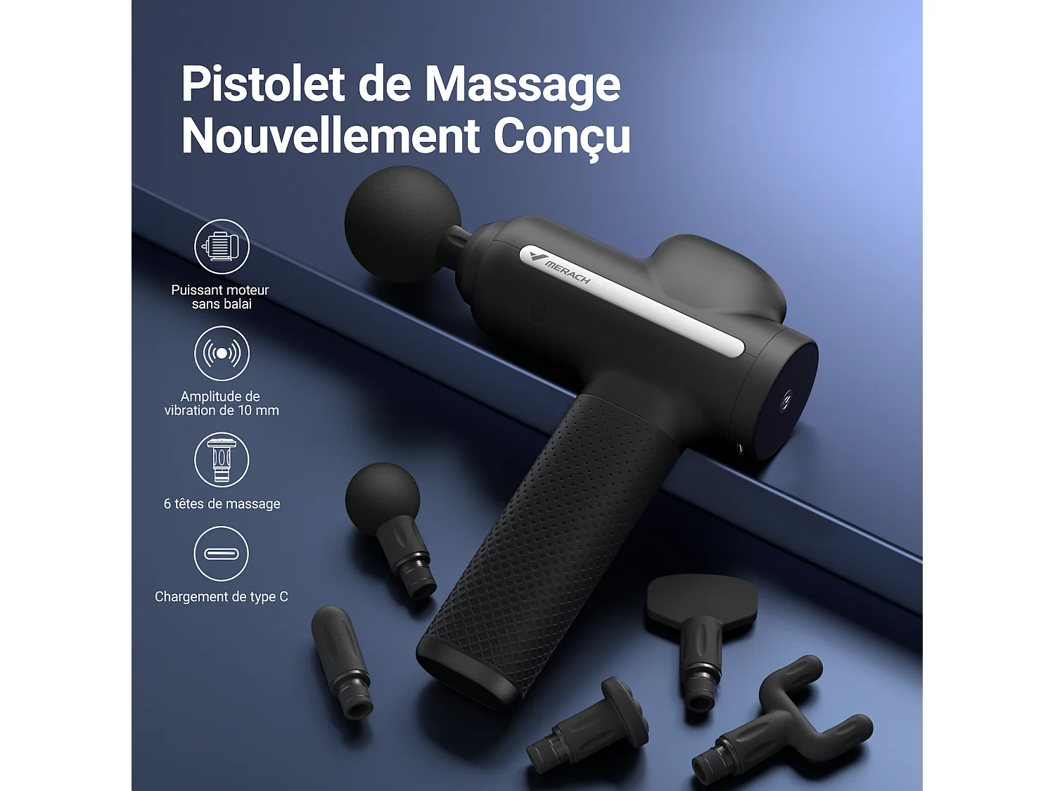 Pistolet de Massage Électrique, MERACH, Puissant 40W, 4 Têtes, 3 Vitesses, Soulagement Musculaire & Récupération Sportive