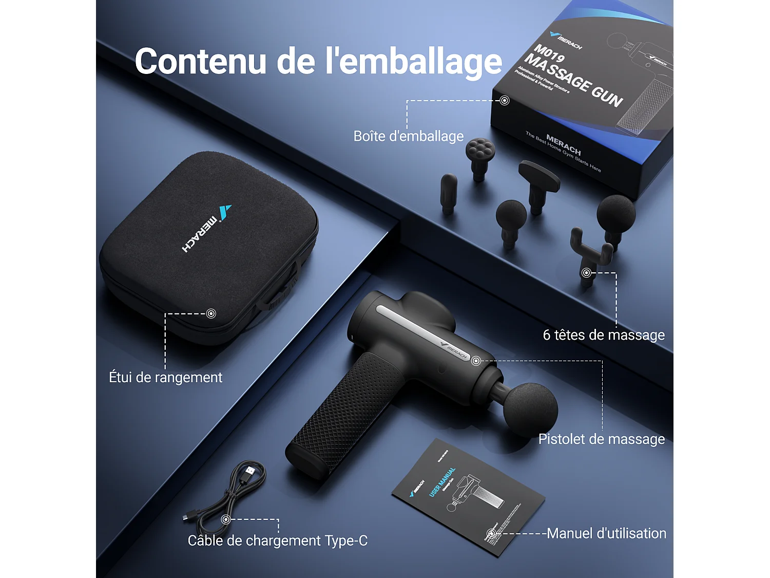 Pistolet de Massage Électrique, MERACH, Puissant 40W, 4 Têtes, 3 Vitesses, Soulagement Musculaire & Récupération Sportive