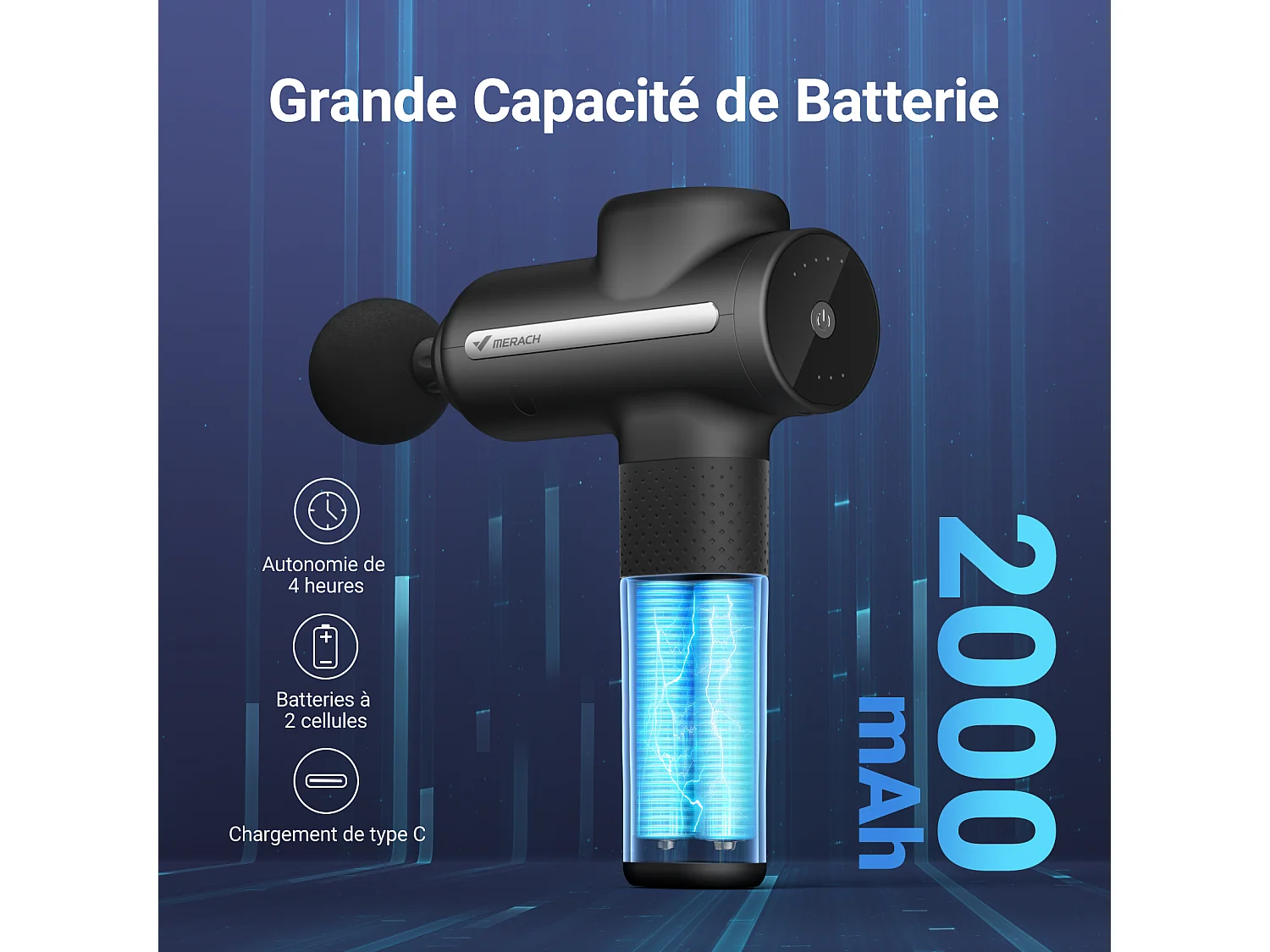 Pistolet de Massage Électrique, MERACH, Puissant 40W, 4 Têtes, 3 Vitesses, Soulagement Musculaire & Récupération Sportive
