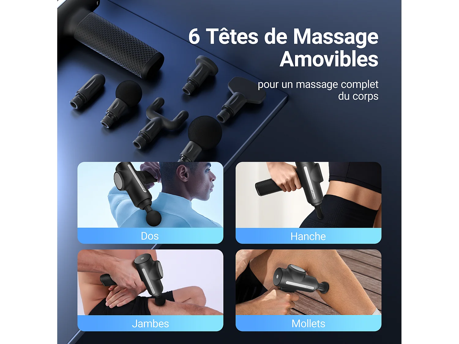 Pistolet de Massage Électrique, MERACH, Puissant 40W, 4 Têtes, 3 Vitesses, Soulagement Musculaire & Récupération Sportive