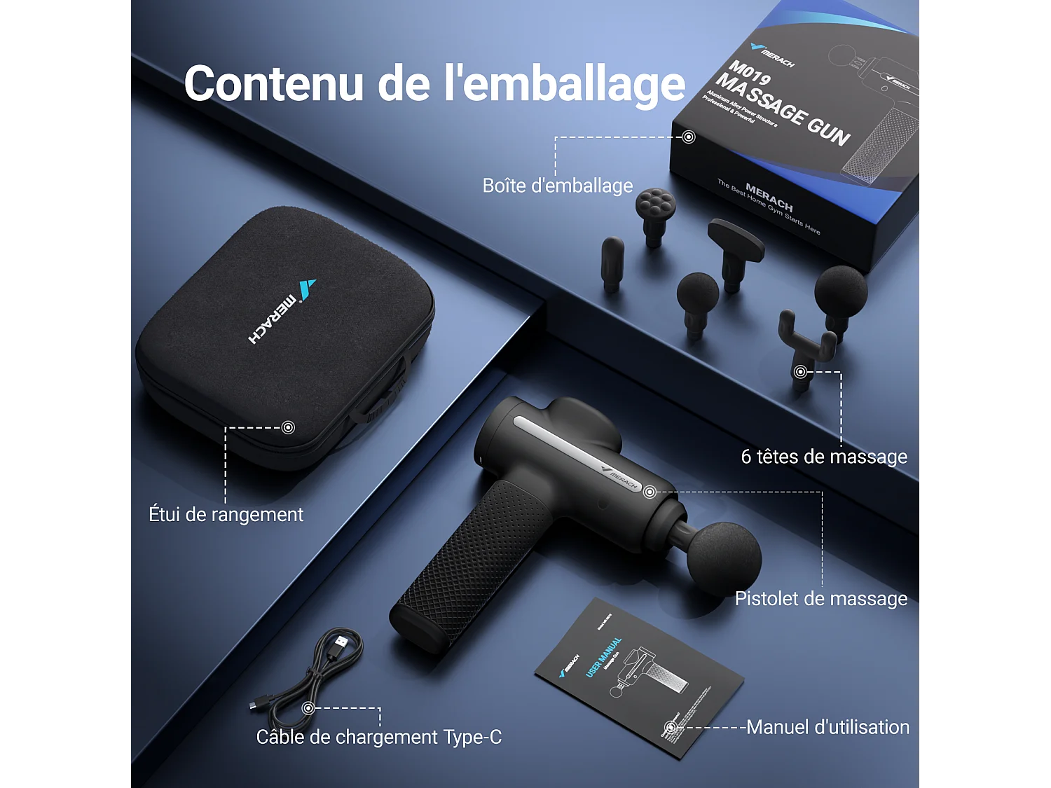 Pistola Massaggiante Elettrica MERACH, Potente 40W, 4 Testine, 3 Velocita, Sollievo Muscolare & Recupero Sportivo