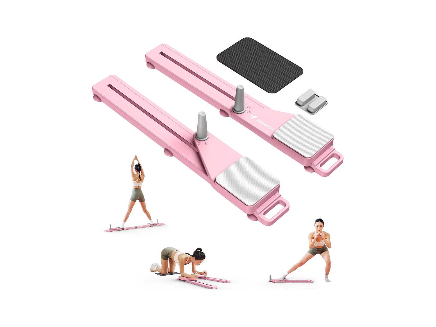 Panca Pilates Pieghevole Multifunzionale MERACH, Con Bande di Resistenza, Allenamento Pilates e Rinforzo del Core, Rosa