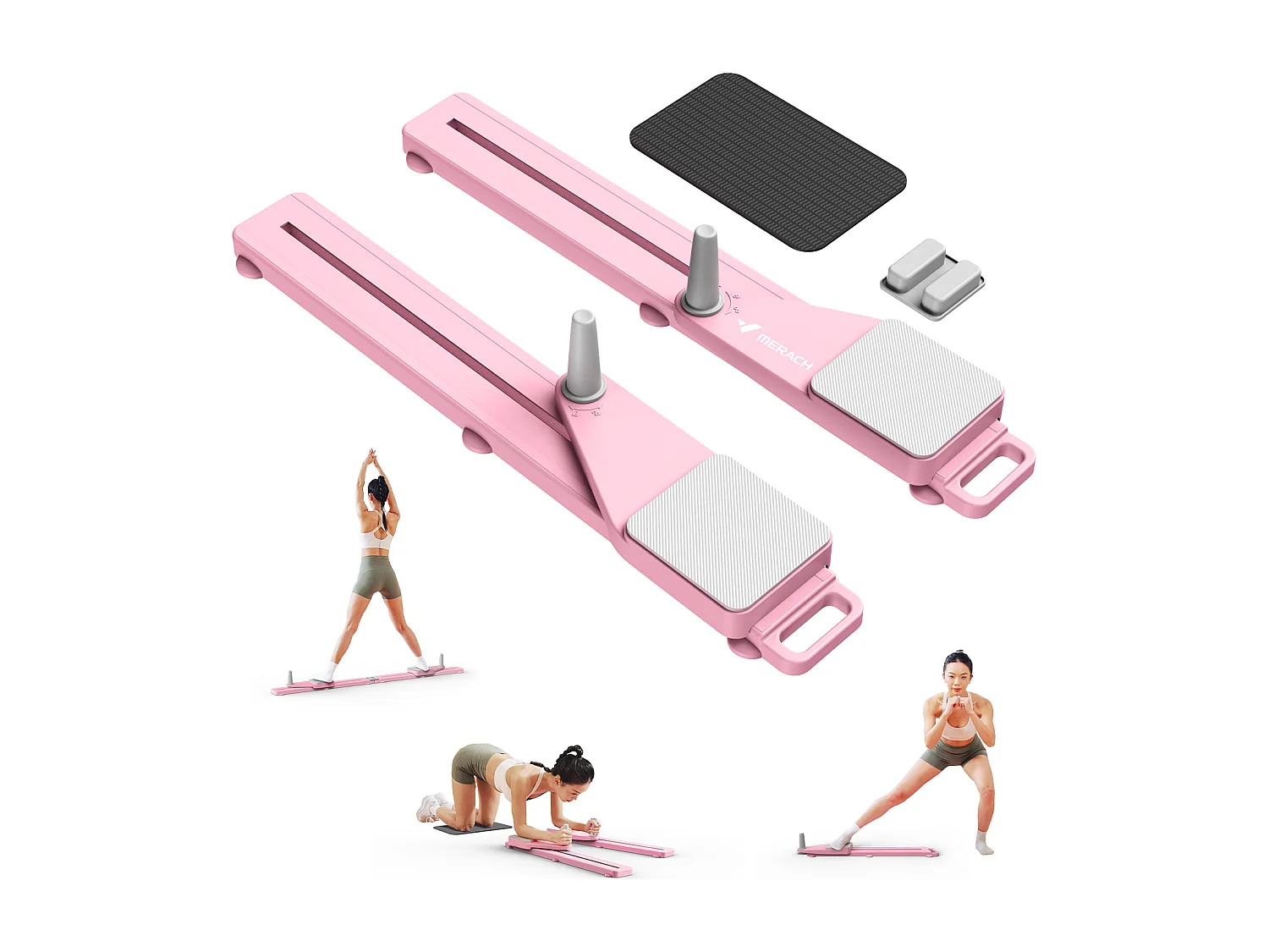 Planche de Pilates multifonction pliable MERACH, Bandes de résistance, entraînement Pilates et renforcement du tronc, rose