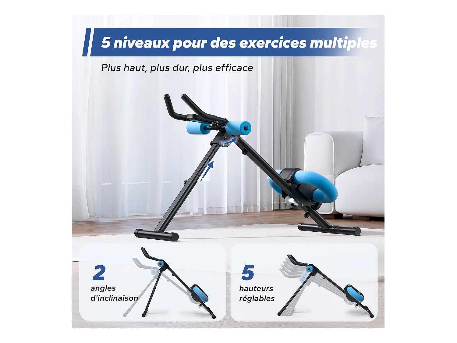 Appareil Abdos & Fessiers MERACH, 5 Niveaux, Inclinaison Réglable, Écran LCD, Charge 200kg, Coussin U, Guidon Antidérapant, Noir