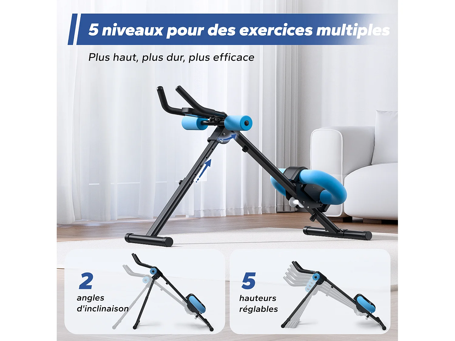 Appareil Abdos & Fessiers MERACH, 5 Niveaux, Inclinaison Réglable, Écran LCD, Charge 200kg, Coussin U, Guidon Antidérapant, Noir