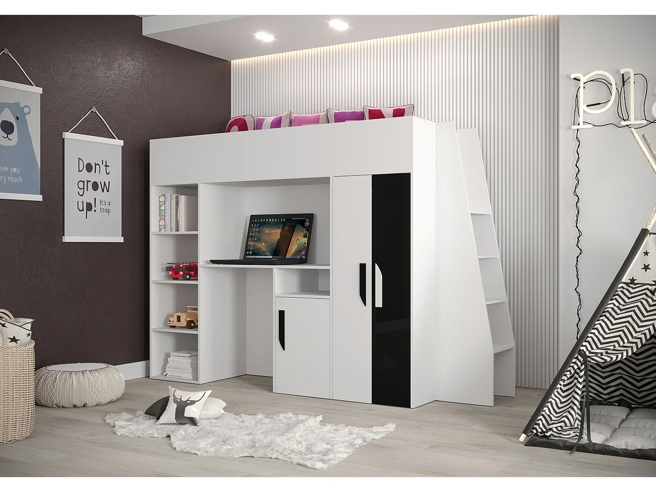 PARTY 15 Etagenbett  230/165/95 (weiß/schwarz)