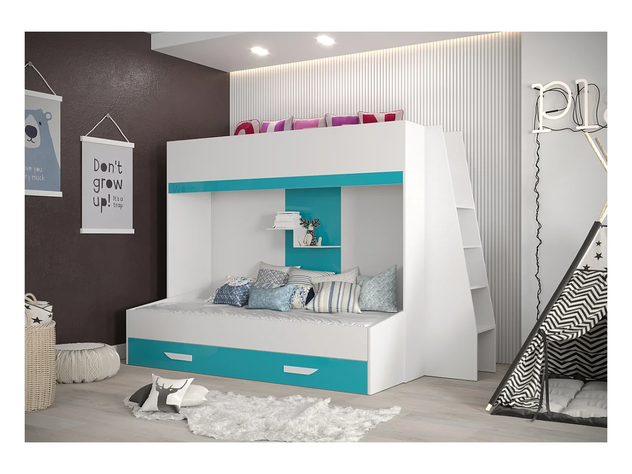 PARTY 17 Lit superposé 247/165/135 (blanc/turquoise)