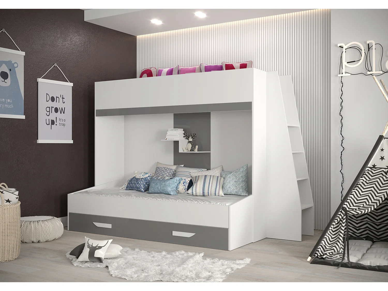 PARTY 17 Etagenbett 247/165/135 (weiß/grau)