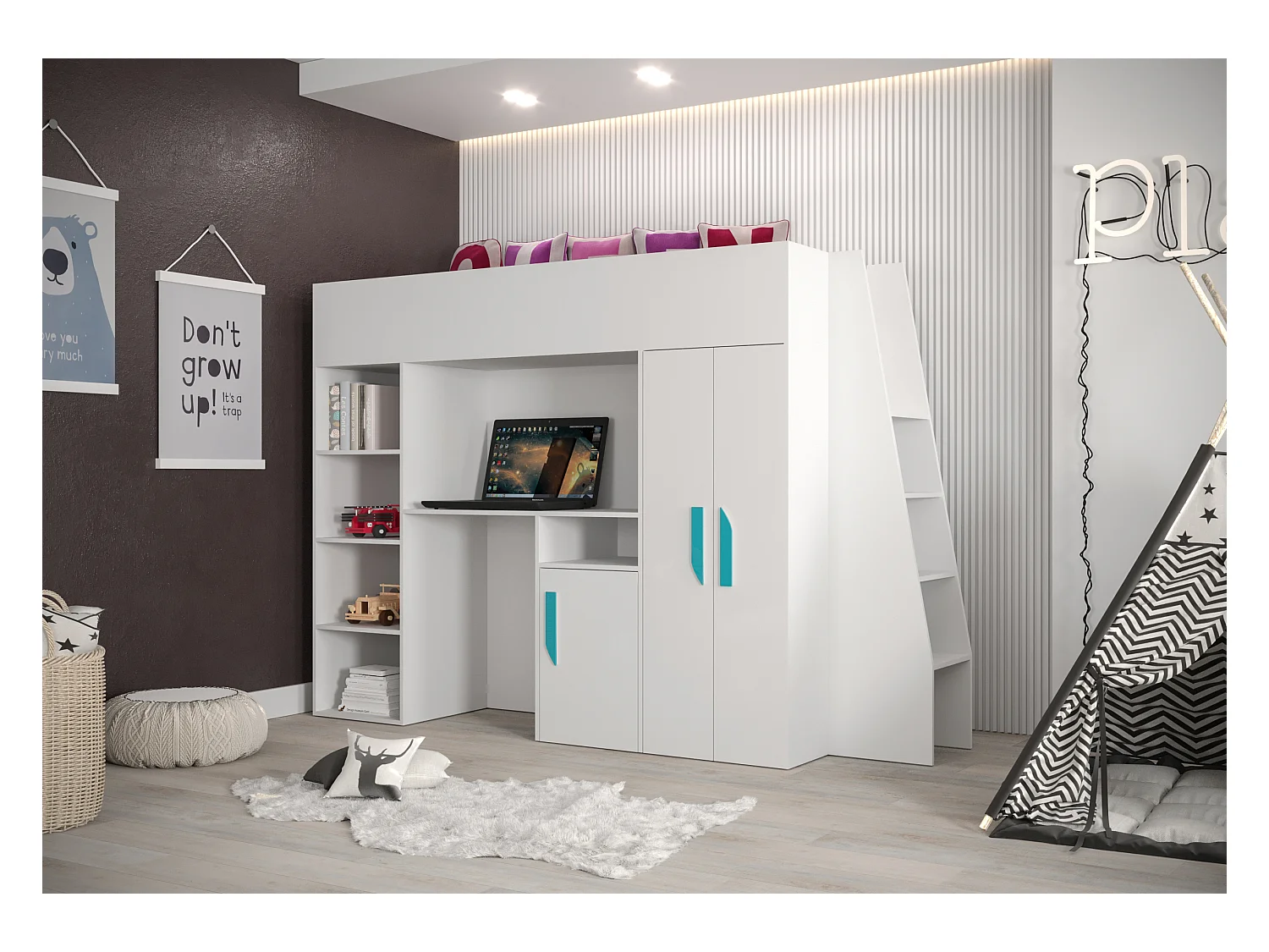 PARTY 15 Etagenbett  230/165/95 (weiß/weiß/türkis)