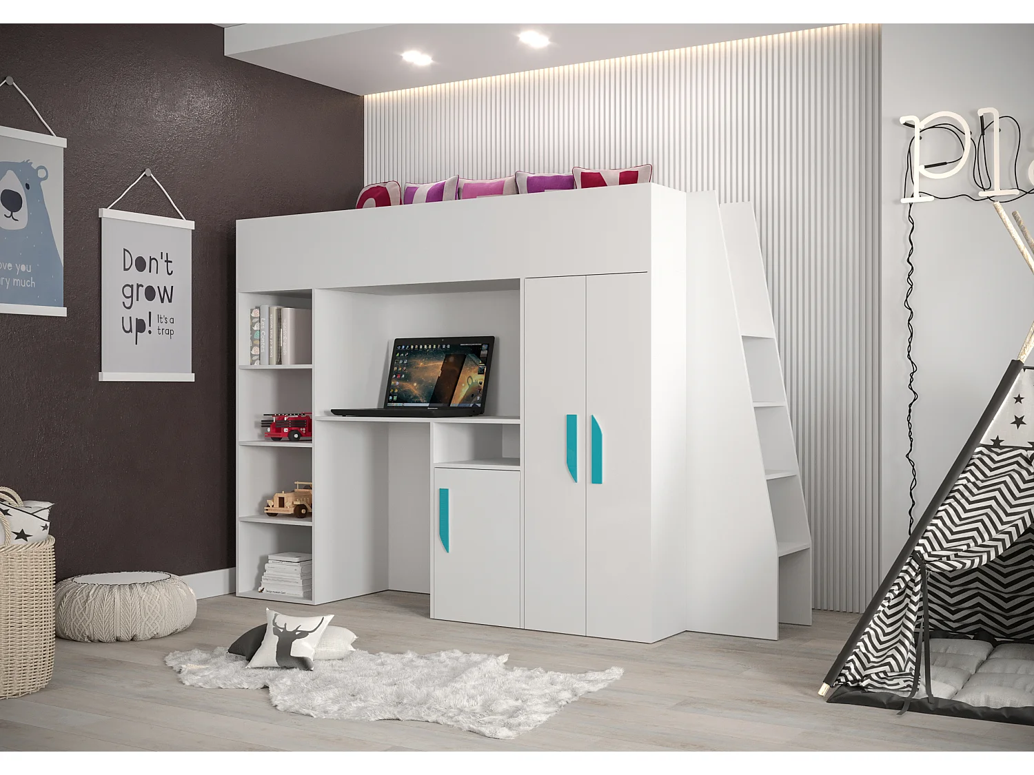 PARTY 15 Lit superposé  230/165/95 (blanc/blanc/turquoise)