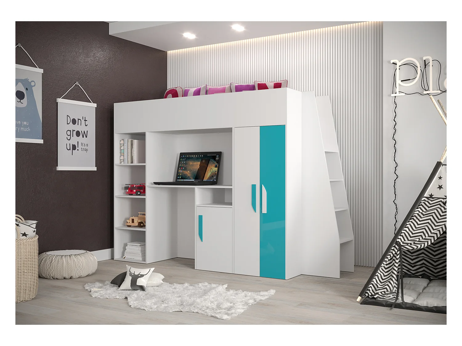 PARTY 15 Lit superposé  230/165/95 (blanc/turquoise)