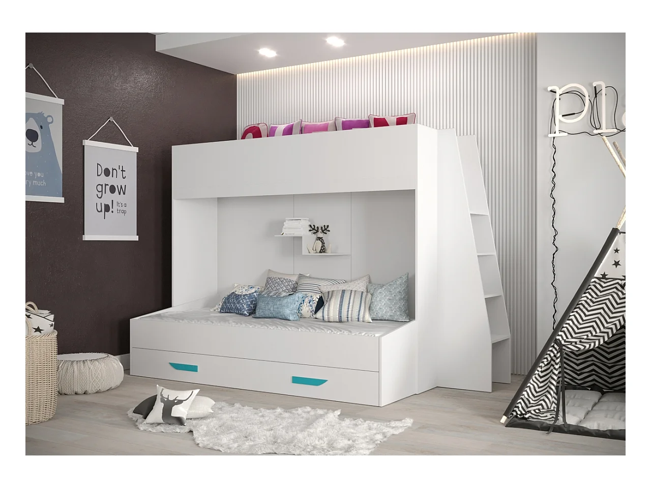 PARTY 17 Lit superposé 247/165/135 (blanc/blanc/turquoise)