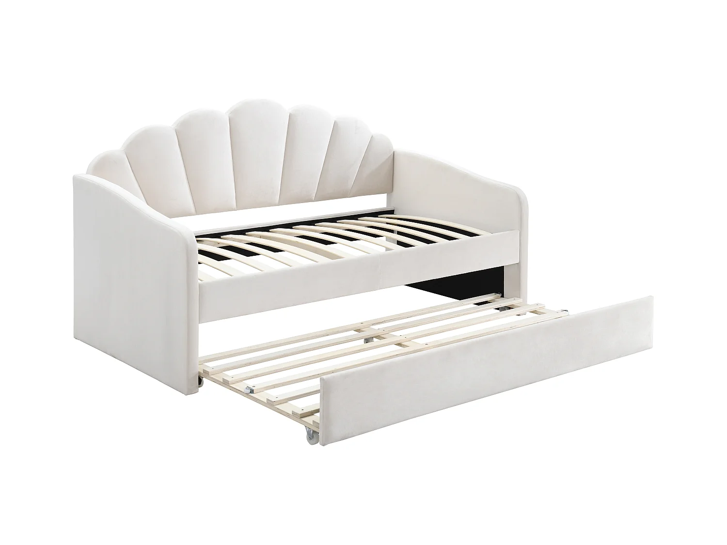 Lit gigogne coquillage 2 x 90 x 190 cm - Velours - Blanc + Matelas - ELUSIA