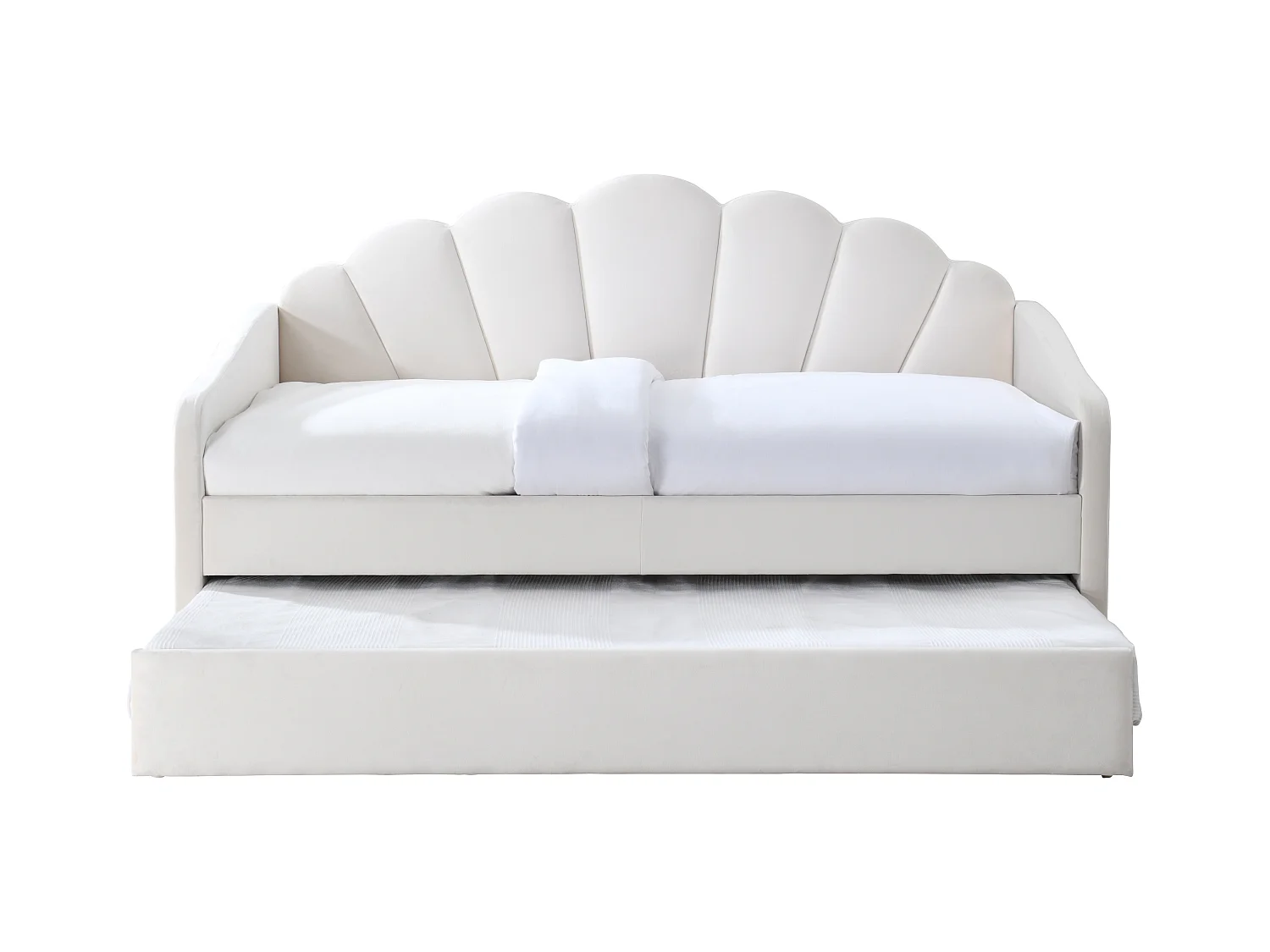 Lit gigogne coquillage 2 x 90 x 190 cm - Velours - Blanc + Matelas - ELUSIA