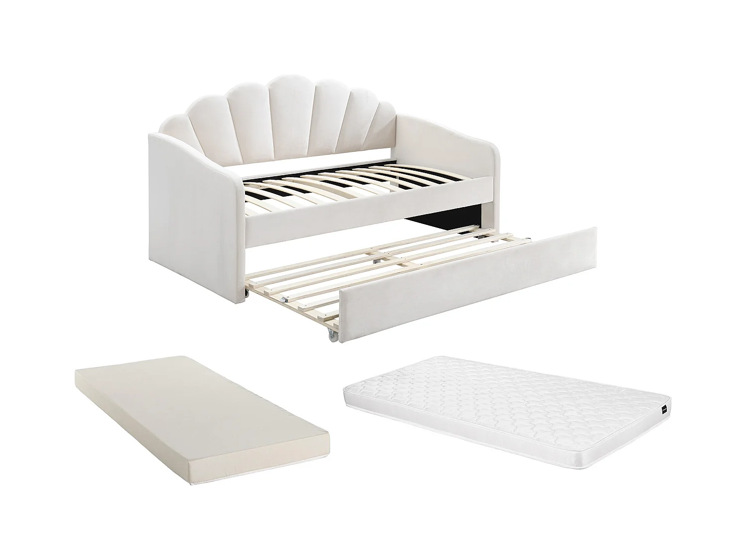 Lit gigogne coquillage 2 x 90 x 190 cm - Velours - Blanc + Matelas - ELUSIA