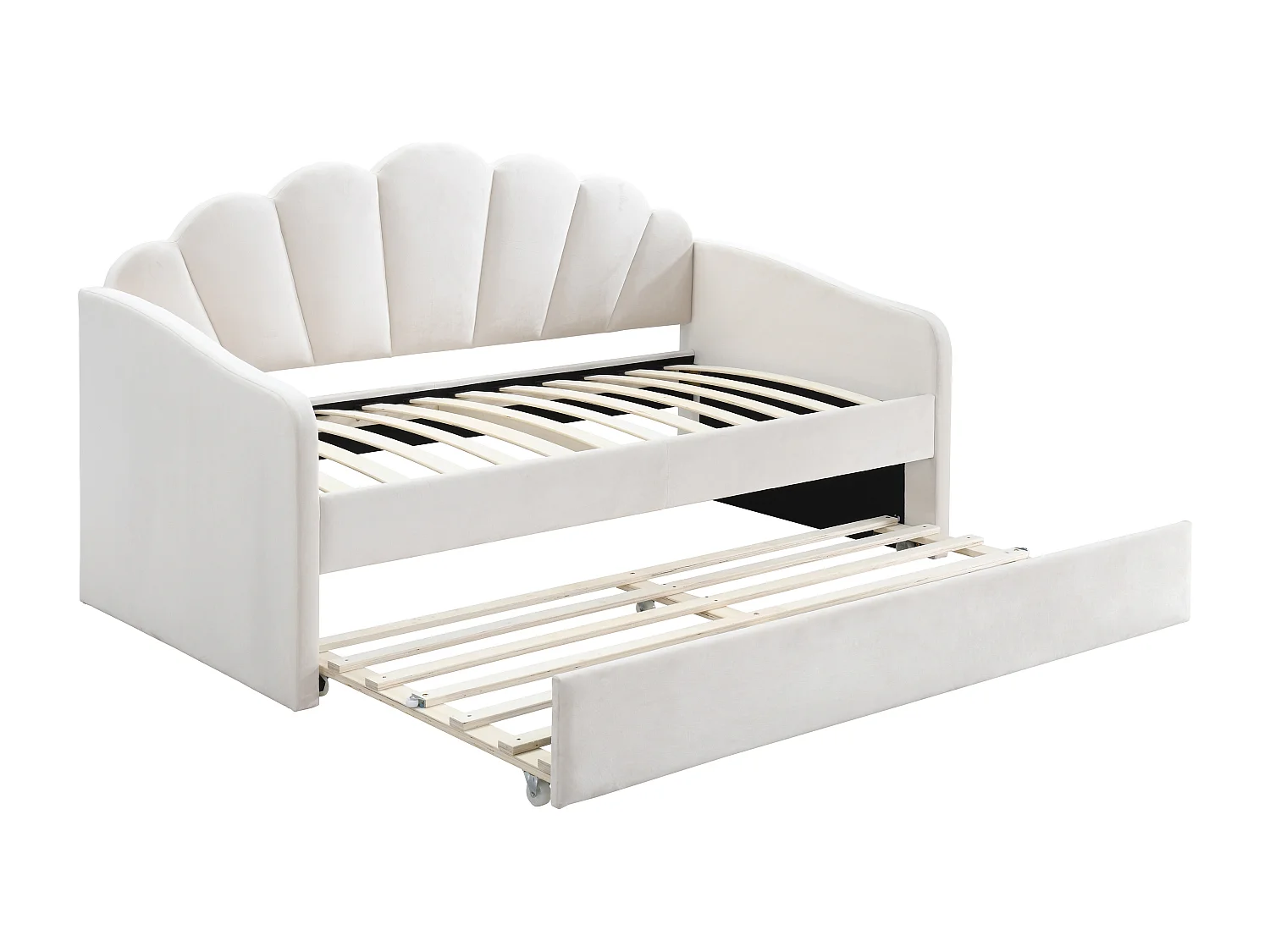 Lit gigogne coquillage 2 x 90 x 190 cm - Velours - Blanc + Matelas - ELUSIA