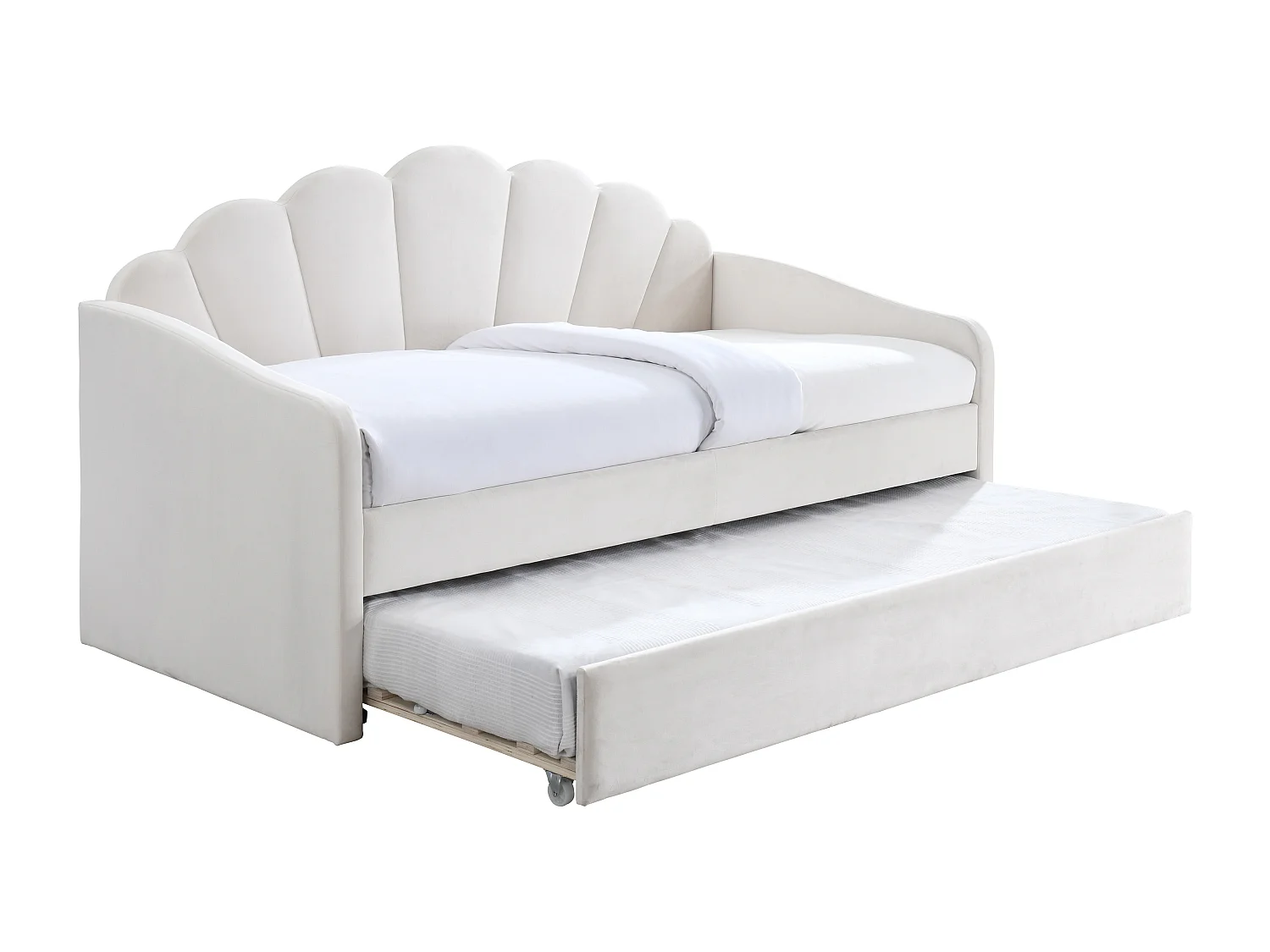 Lit gigogne coquillage 2 x 90 x 190 cm - Velours - Blanc + Matelas - ELUSIA