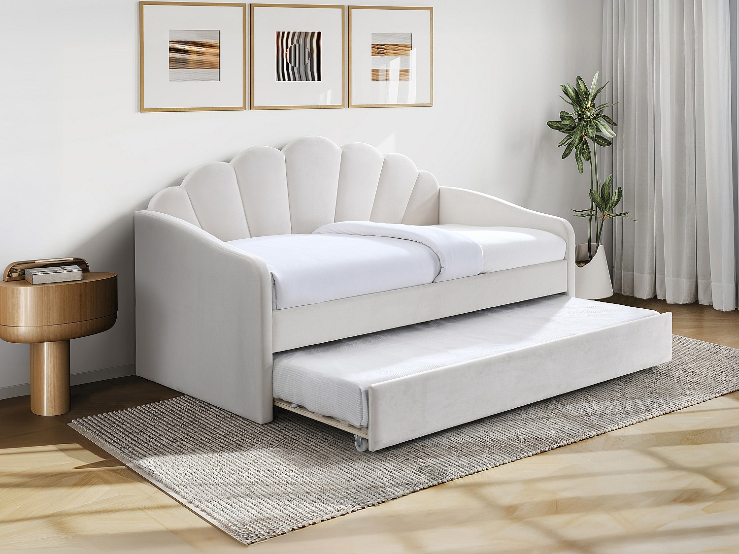 Ausziehbett Muschelform - 2 x 90 x 190 cm - Samt - Beige + Matratze - ELUSI günstig online kaufen