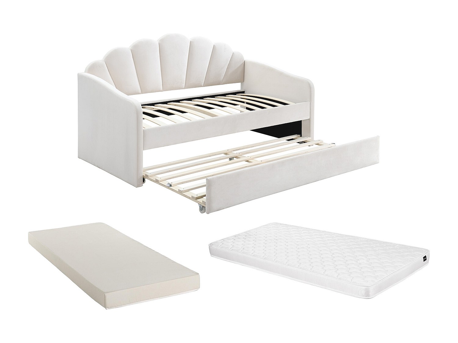 Ausziehbett Muschelform - 2 x 90 x 190 cm - Samt - Beige + Matratze - ELUSI günstig online kaufen