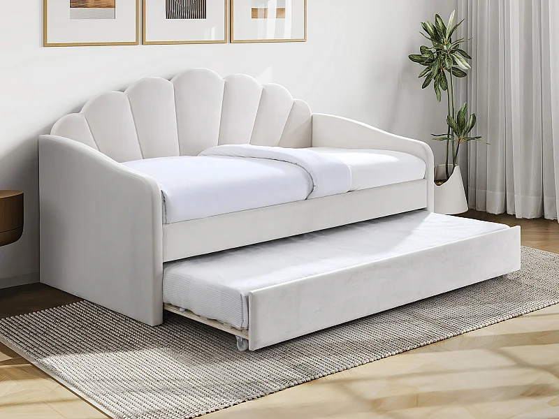 Lit gigogne coquillage 2 x 90 x 190 cm - Velours - Blanc + Matelas - ELUSIA