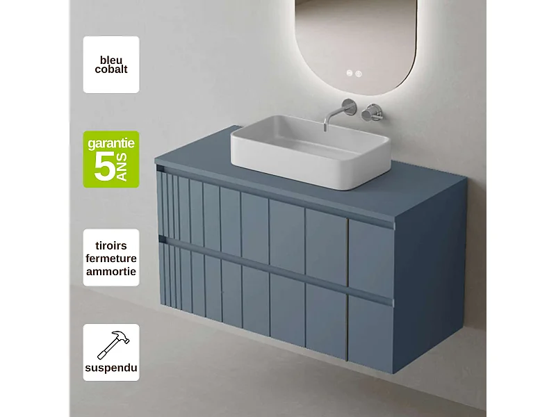 Meuble Salle de Bain POLE (81 cm x H54 x P45 cm), Plan Vasque Marin TAN WB, 2 Tiroirs, Laqué Bleu Cobalt Mat