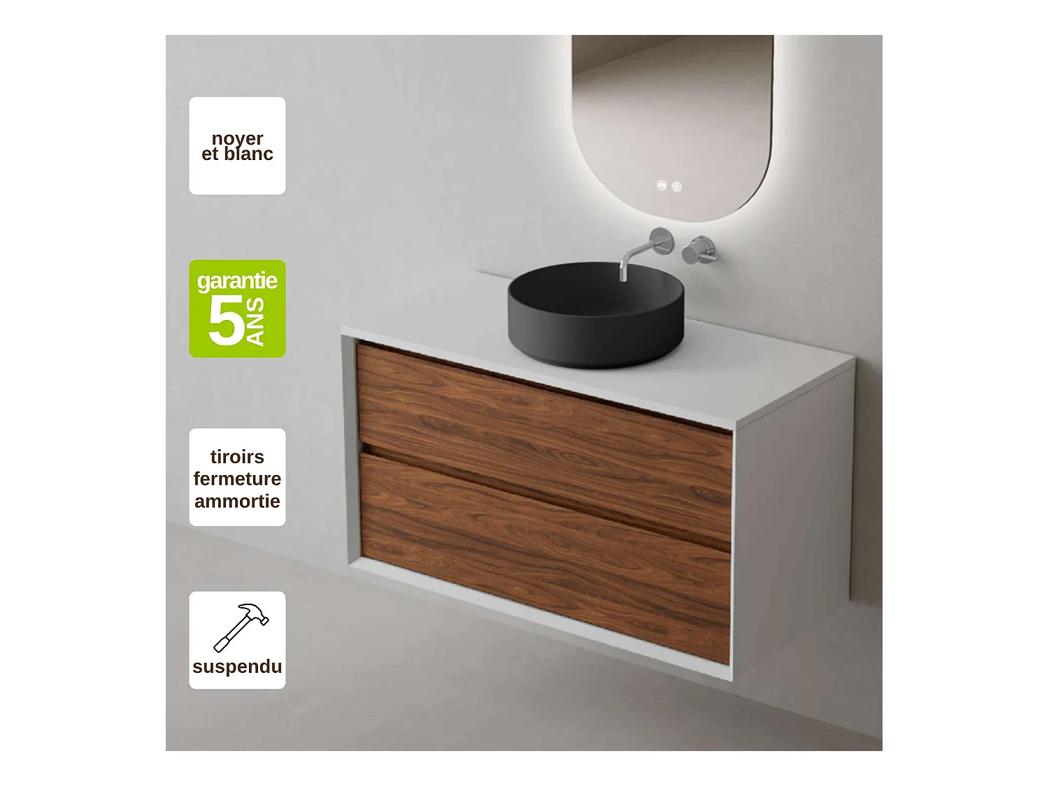 Meuble Salle de Bain COOL  (81 cm x H54 x P45 cm), Plan Vasque Marin ROLL NM, 2 Tiroirs, Laqué Blanc Mat/Noyer