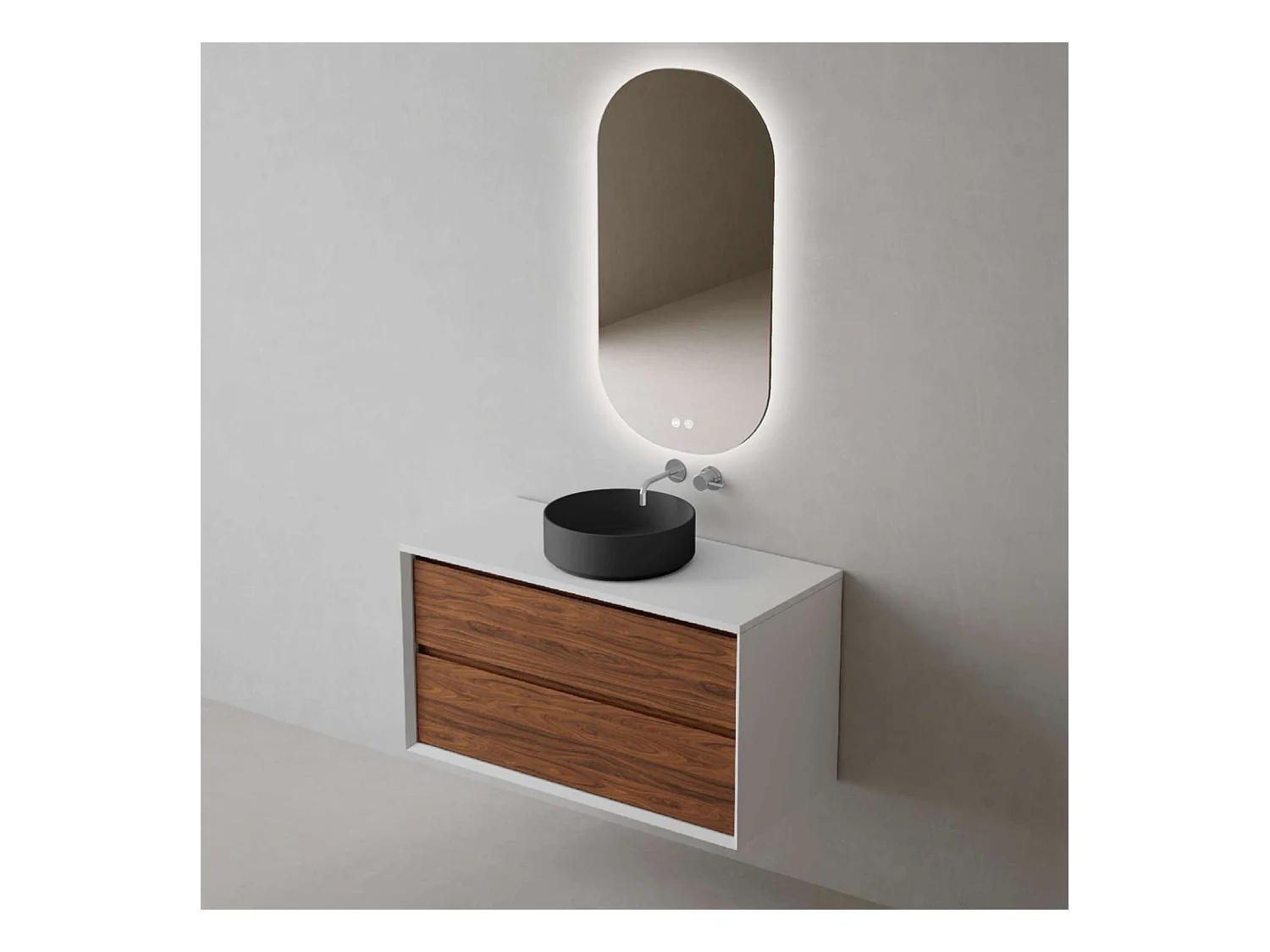 Meuble Salle de Bain COOL  (81 cm x H54 x P45 cm), Plan Vasque Marin ROLL NM, 2 Tiroirs, Laqué Blanc Mat/Noyer