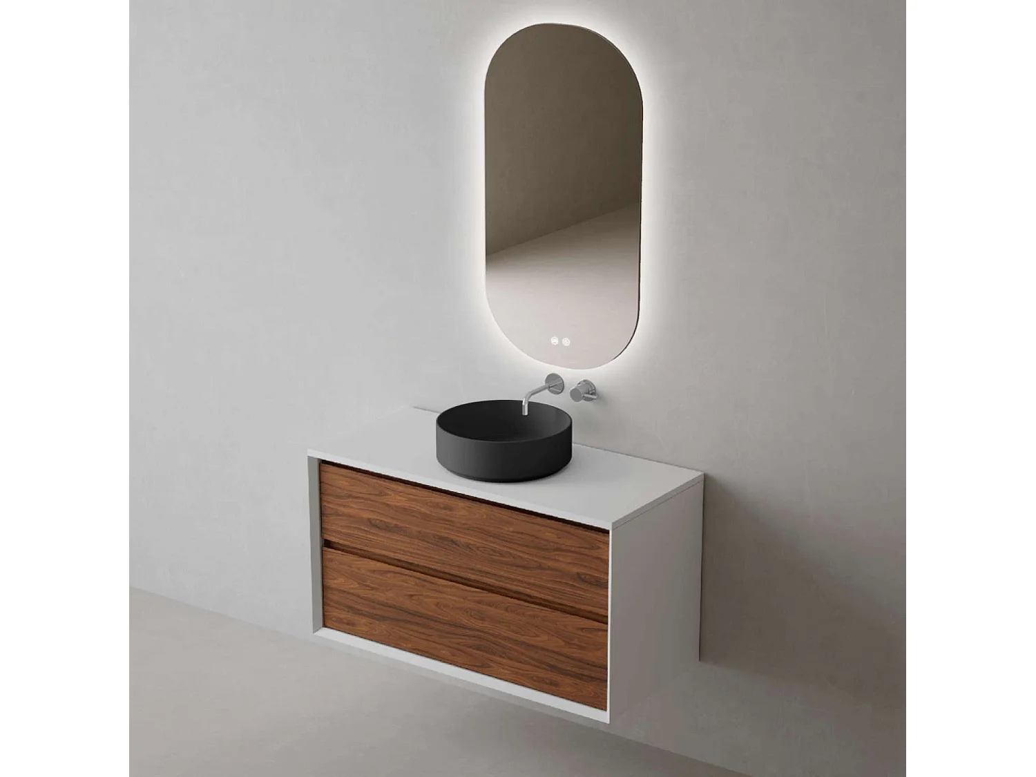 Meuble Salle de Bain COOL  (81 cm x H54 x P45 cm), Plan Vasque Marin ROLL NM, 2 Tiroirs, Laqué Blanc Mat/Noyer