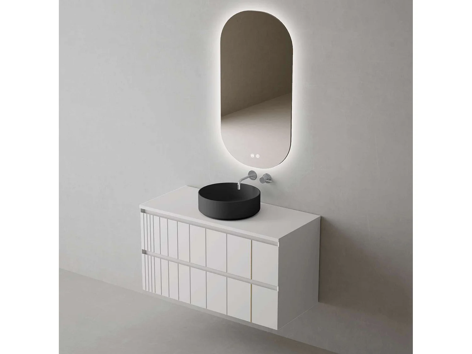 Meuble Salle de Bain POLE (81 cm x H54 x P45 cm), Plan Vasque Marin ROLL N.Mat, 2 Tiroirs, Laqué Blanc Mat