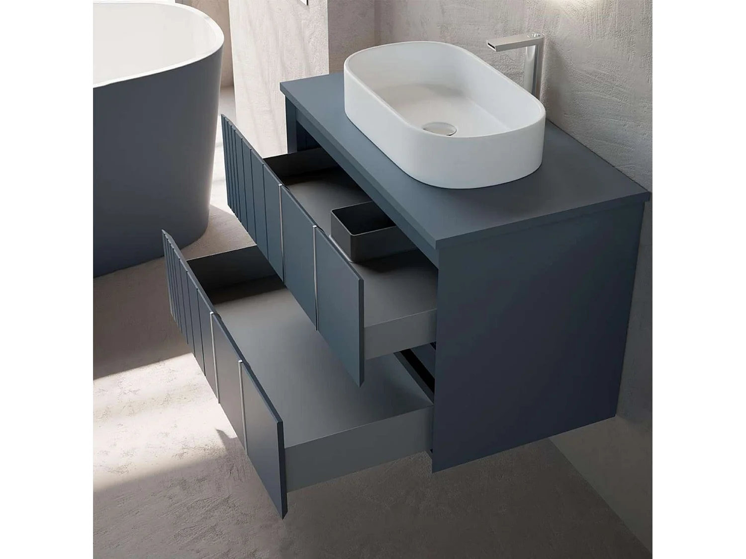 Meuble Salle de Bain POLE (101 cm x H54 x P45 cm), Plan Vasque Céramique WM, 2 Tiroirs, Laqué Greige Mat