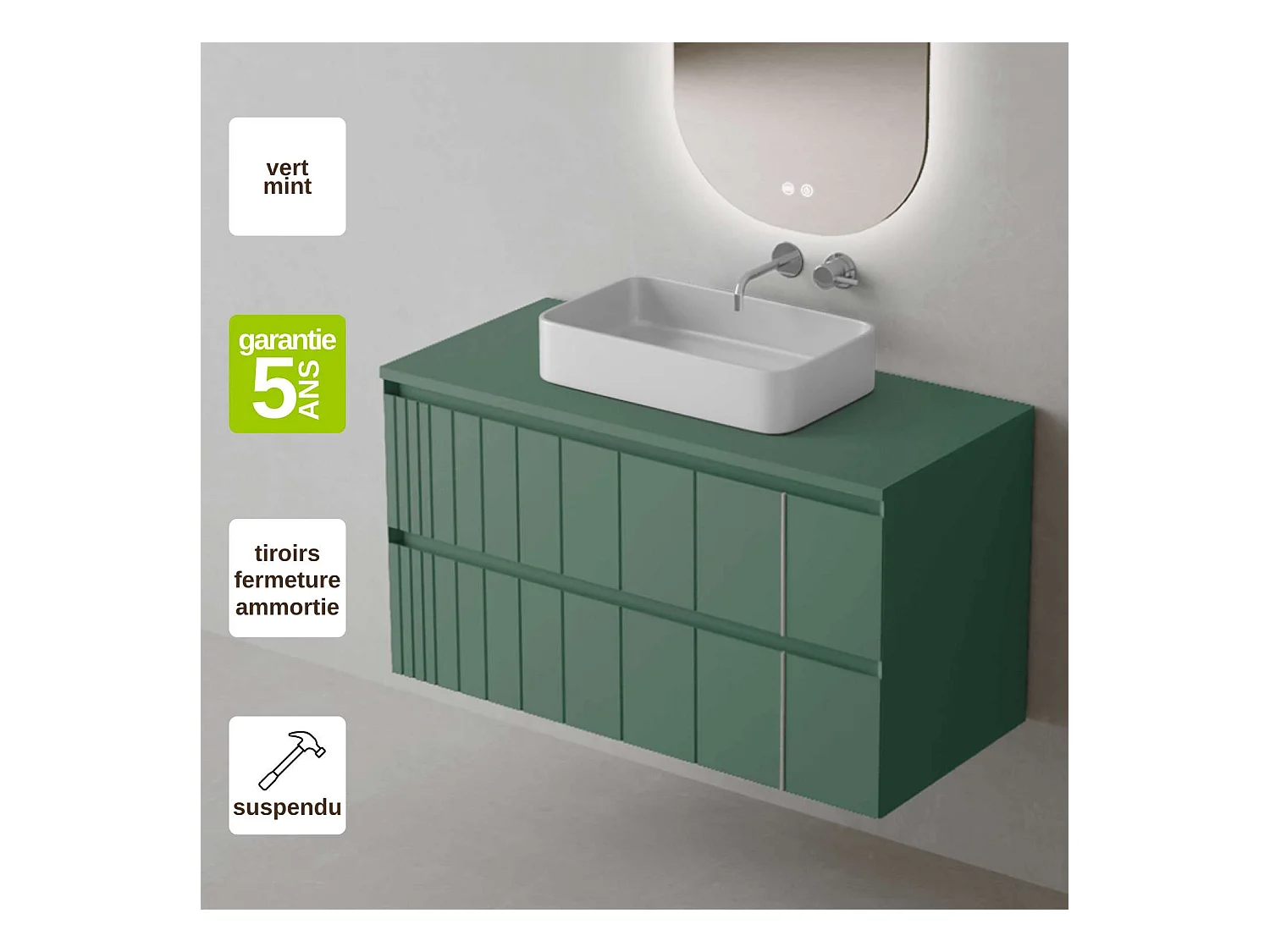 Meuble Salle de Bain POLE (81 cm x H54 x P45 cm), Plan Vasque Marin TAN WB, 2 Tiroirs, Laqué Vert Mint