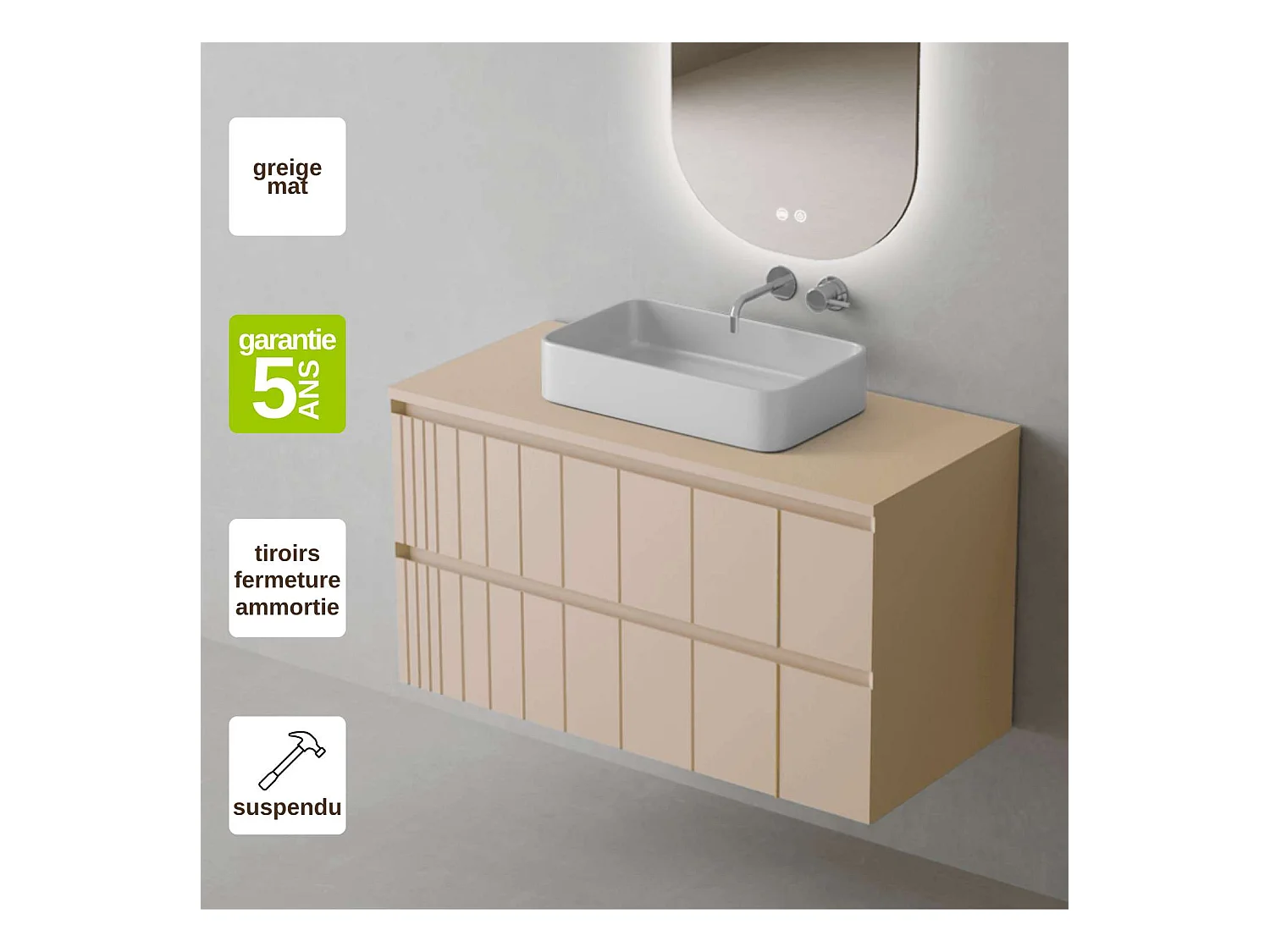 Meuble Salle de Bain POLE (81 cm x H54 x P45 cm), Plan Vasque Marin TAN WB, 2 Tiroirs, Laqué Greige Mat