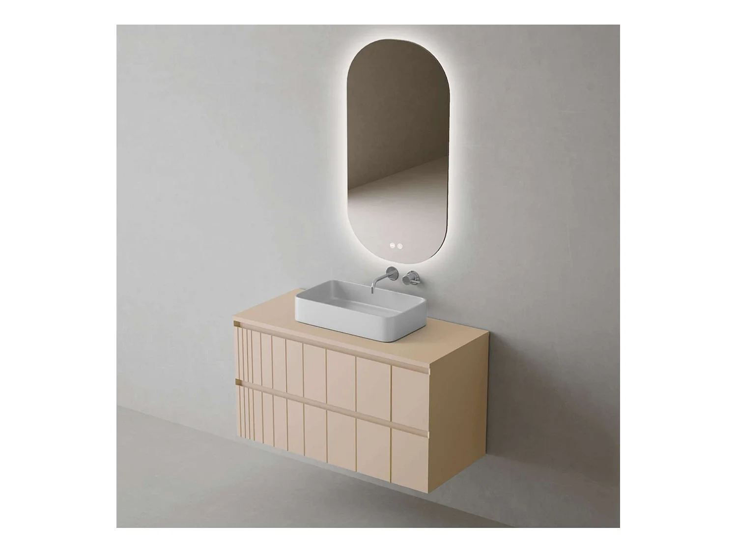 Meuble Salle de Bain POLE (81 cm x H54 x P45 cm), Plan Vasque Marin TAN WB, 2 Tiroirs, Laqué Greige Mat