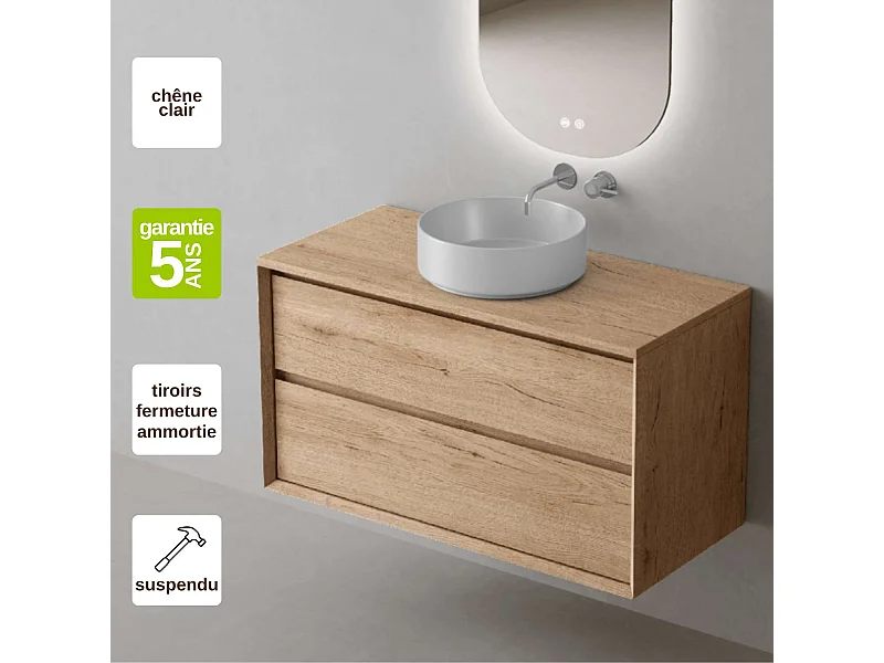 Meuble Salle de Bain COOL  (81 cm x H54 x P45 cm), Plan Vasque Marin ROLL WB, 2 Tiroirs, Chêne Naturel