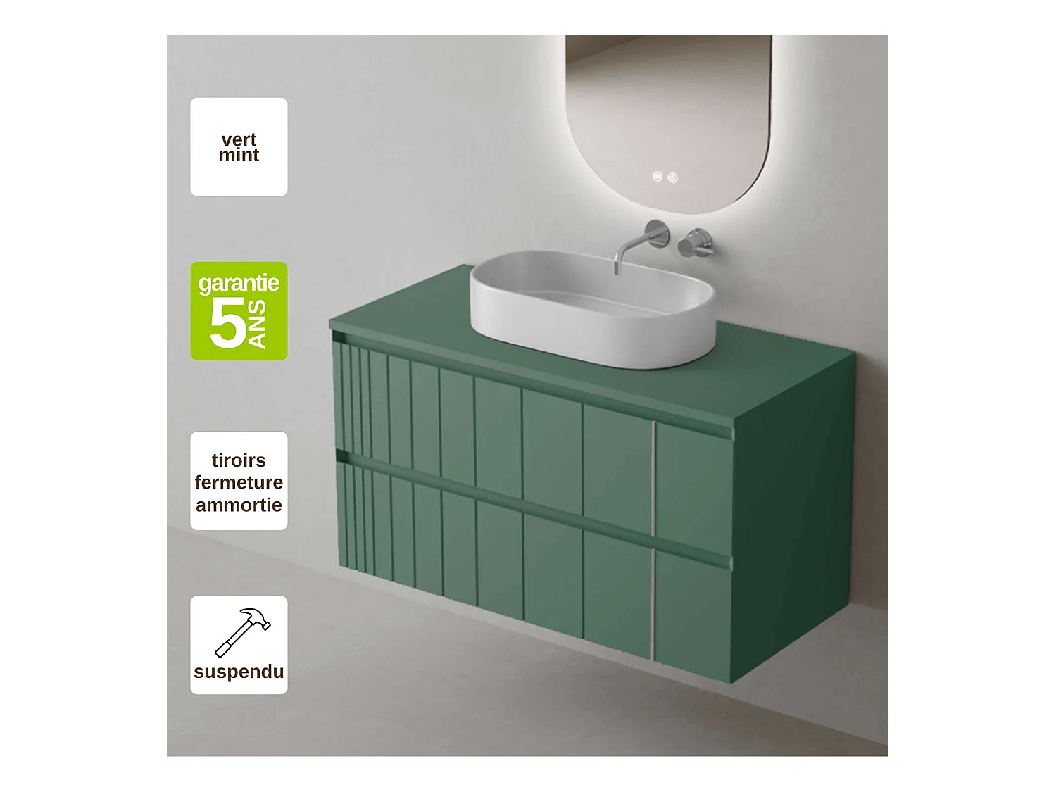 Meuble Salle de Bain POLE (101 cm x H54 x P45 cm), Plan Vasque Marin VAL WB, 2 Tiroirs, Laqué Vert Mint