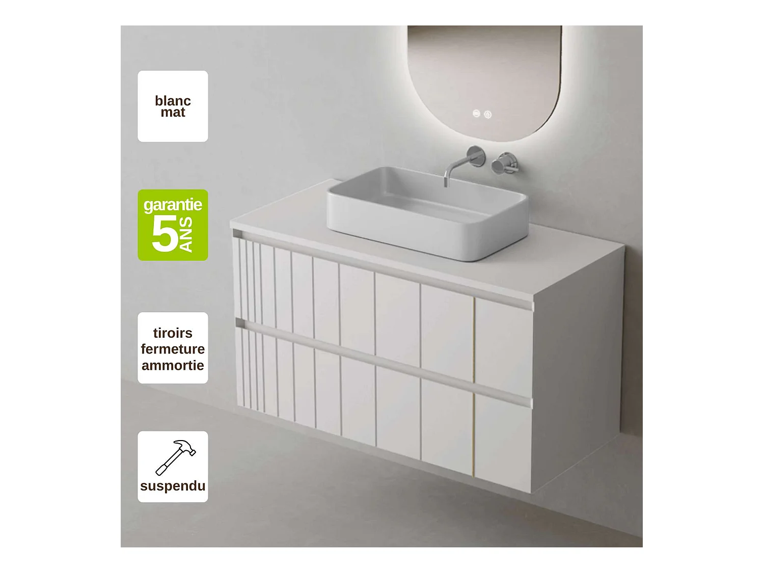 Meuble Salle de Bain POLE (101 cm x H54 x P45 cm), Plan Vasque Marin TAN WB, 2 Tiroirs, Laqué Blanc Mat