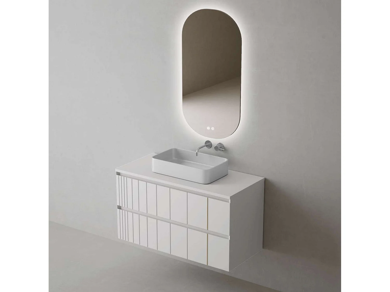 Meuble Salle de Bain POLE (101 cm x H54 x P45 cm), Plan Vasque Marin TAN WB, 2 Tiroirs, Laqué Blanc Mat