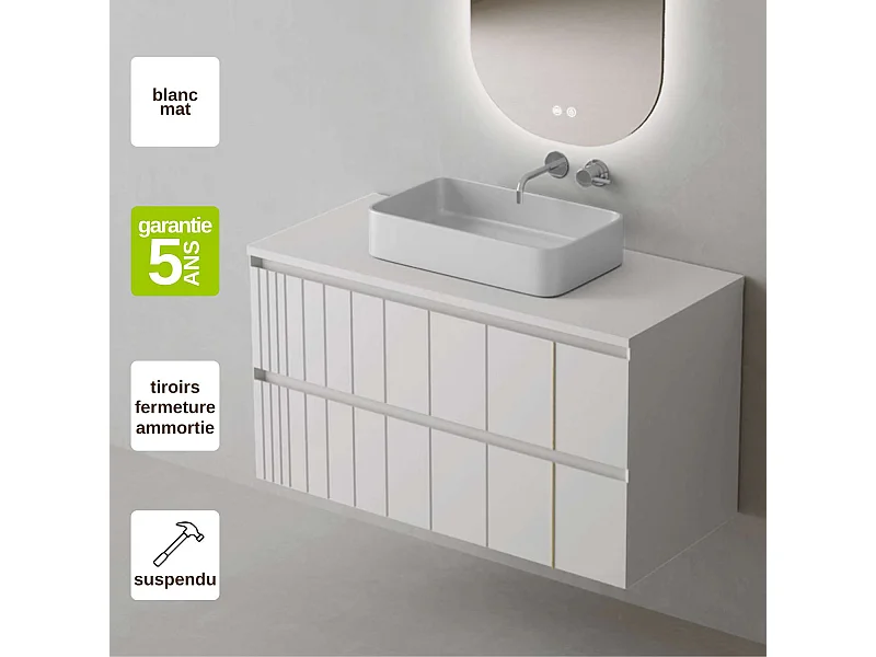 Meuble Salle de Bain POLE (101 cm x H54 x P45 cm), Plan Vasque Marin TAN WB, 2 Tiroirs, Laqué Blanc Mat