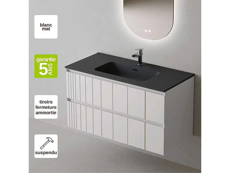 Meuble Salle de Bain POLE (81 cm x H54 x P45 cm), Plan Vasque Céramique NM, 2 Tiroirs, Laqué Blanc Mat