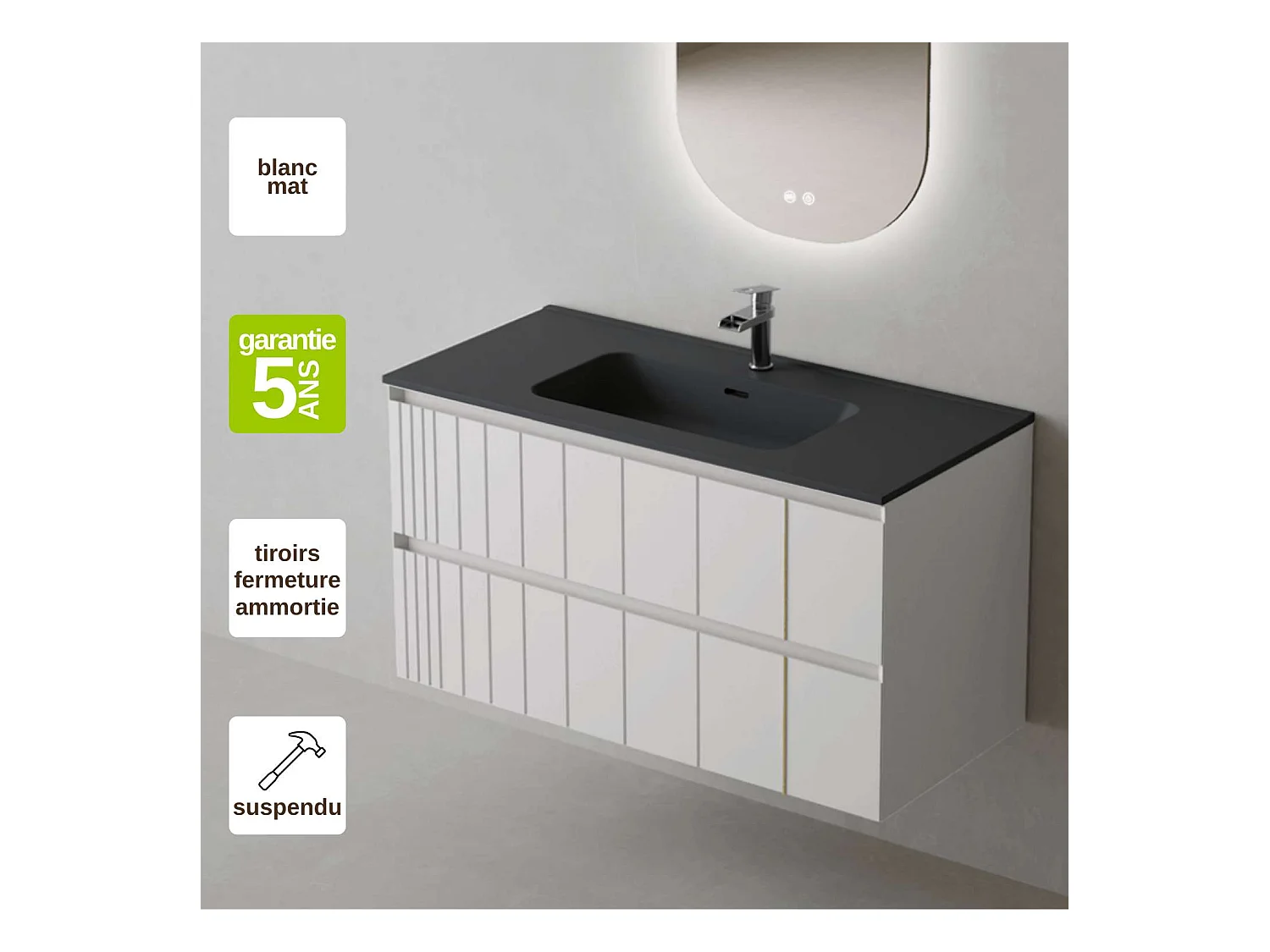 Meuble Salle de Bain POLE (81 cm x H54 x P45 cm), Plan Vasque Céramique NM, 2 Tiroirs, Laqué Blanc Mat