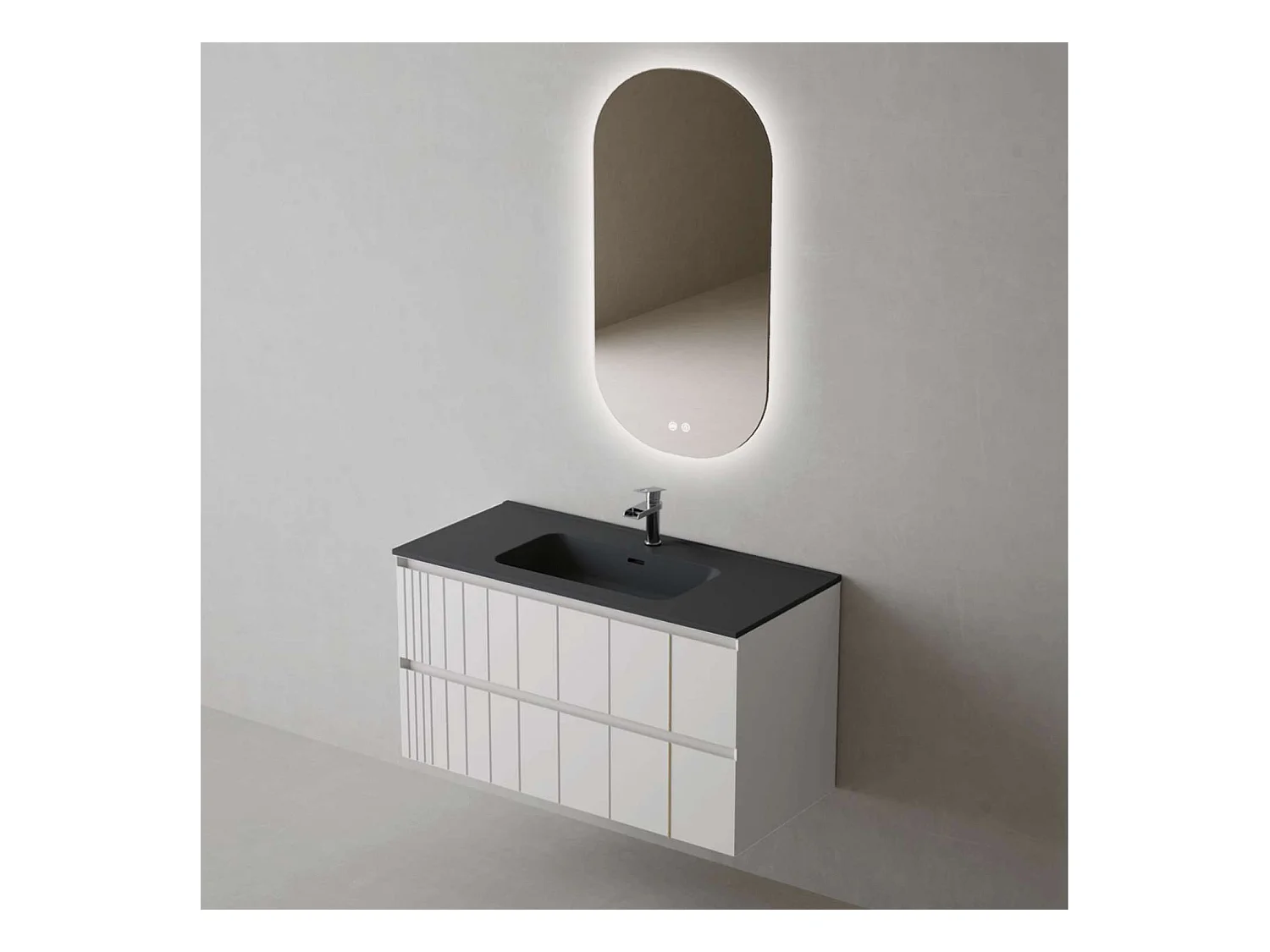 Meuble Salle de Bain POLE (81 cm x H54 x P45 cm), Plan Vasque Céramique NM, 2 Tiroirs, Laqué Blanc Mat