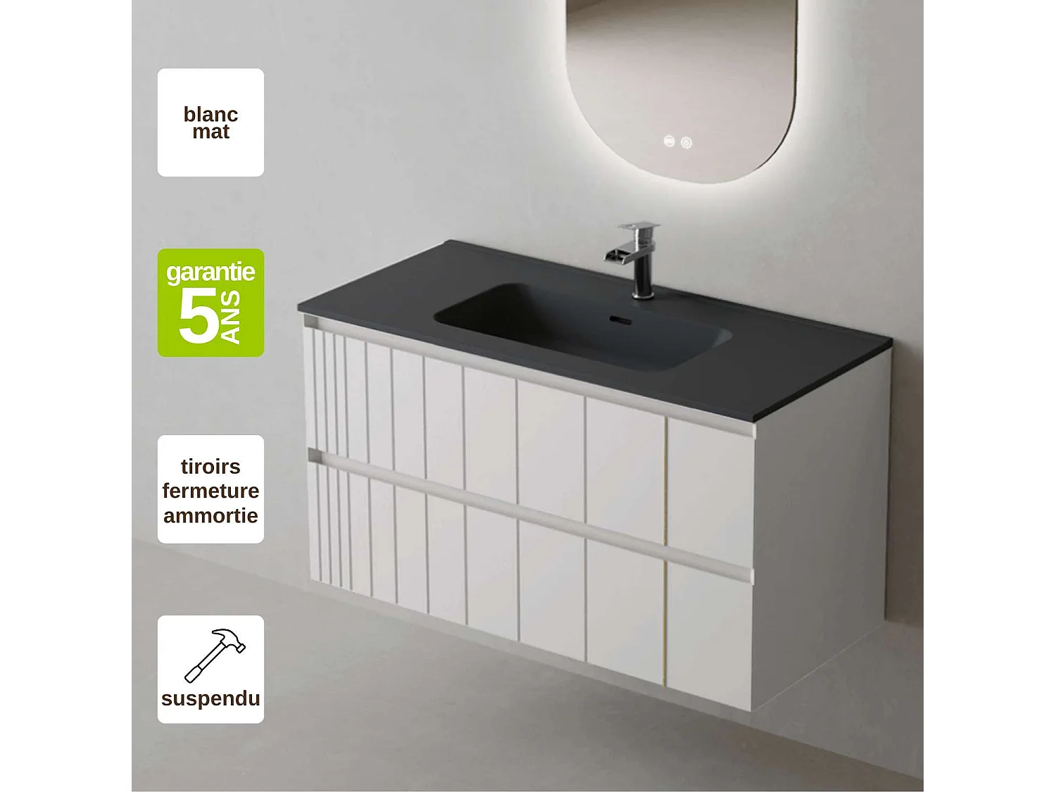 Meuble Salle de Bain POLE (81 cm x H54 x P45 cm), Plan Vasque Céramique NM, 2 Tiroirs, Laqué Blanc Mat